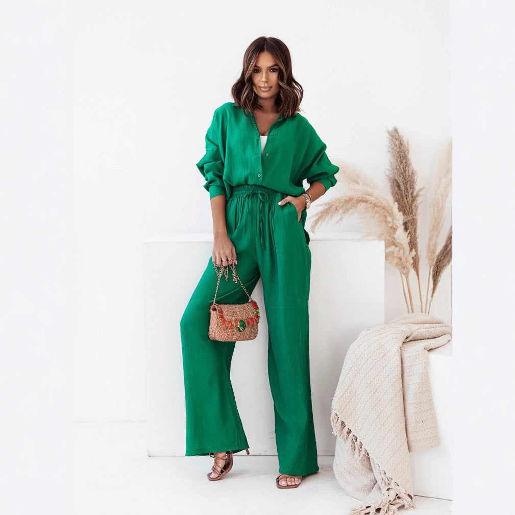 Damen Crinkle-Lounge-Set mit oversized Hemdbluse und weiten Palazzo-Hosen Echoarchiv
