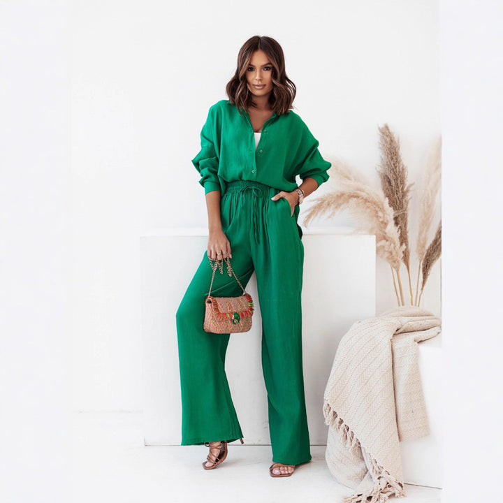 Damen Crinkle-Lounge-Set mit oversized Hemdbluse und weiten Palazzo-Hosen Echoarchiv