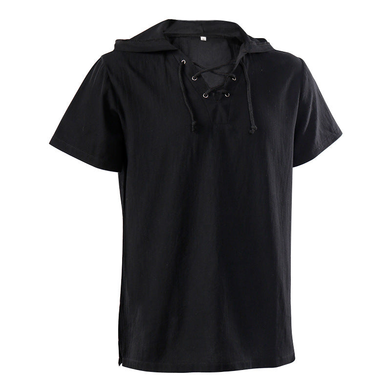 Herren lässiges Kurzarmshirt mit geschnürter V-Kehle, kurzem Stehkragen und weichem Baumwollmix – Marzano