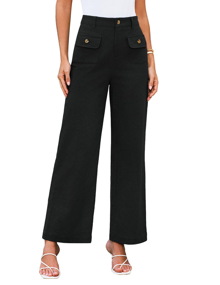 Hochtaillierte Damen-Trousers mit weitem Bein und Knopfklappen-Pattentaschen – Avélisse