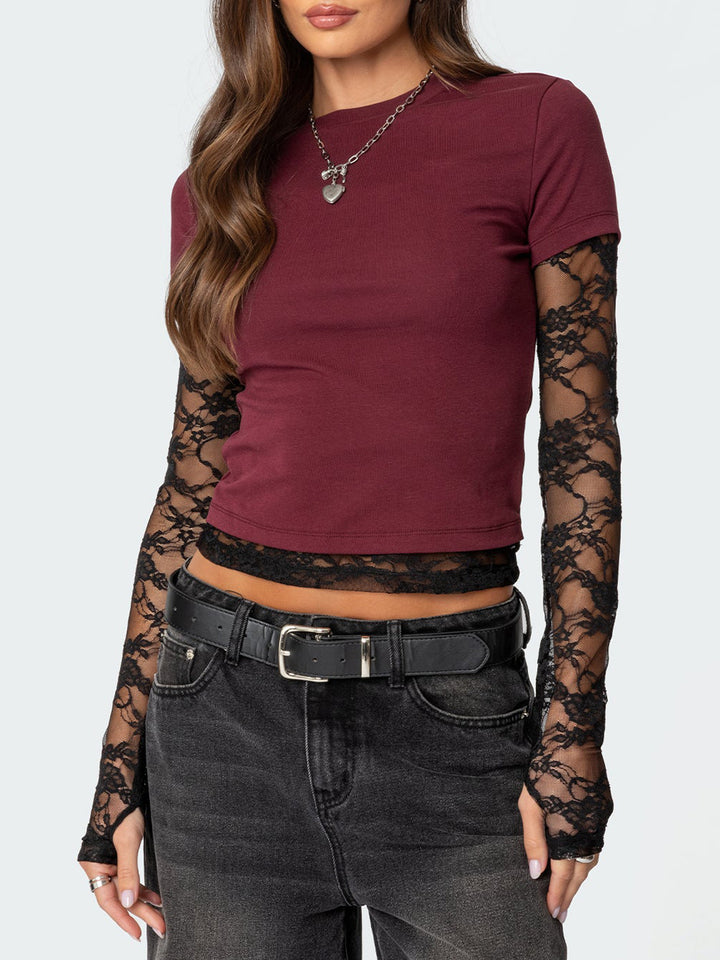 Damen Kurzgeschnittenes T‑Shirt mit transparenten Spitzenärmeln – Avérine