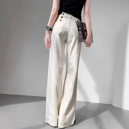 Damen Hochtaillierte weite Jeanshose im Palazzo‑Schnitt mit sichtbarer Doppelknopfleiste Echo Archiv