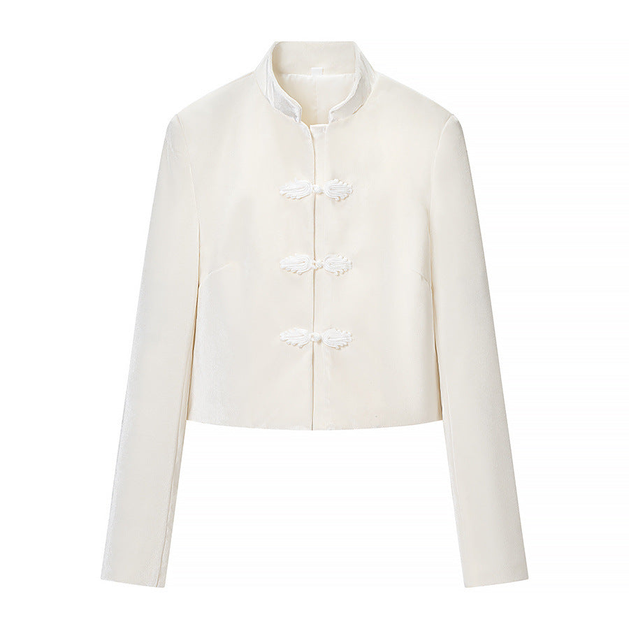 Damen taillierte kurze Mandarinjacke mit Stehkragen und dekorativen Knotenverschlüssen – Célinea