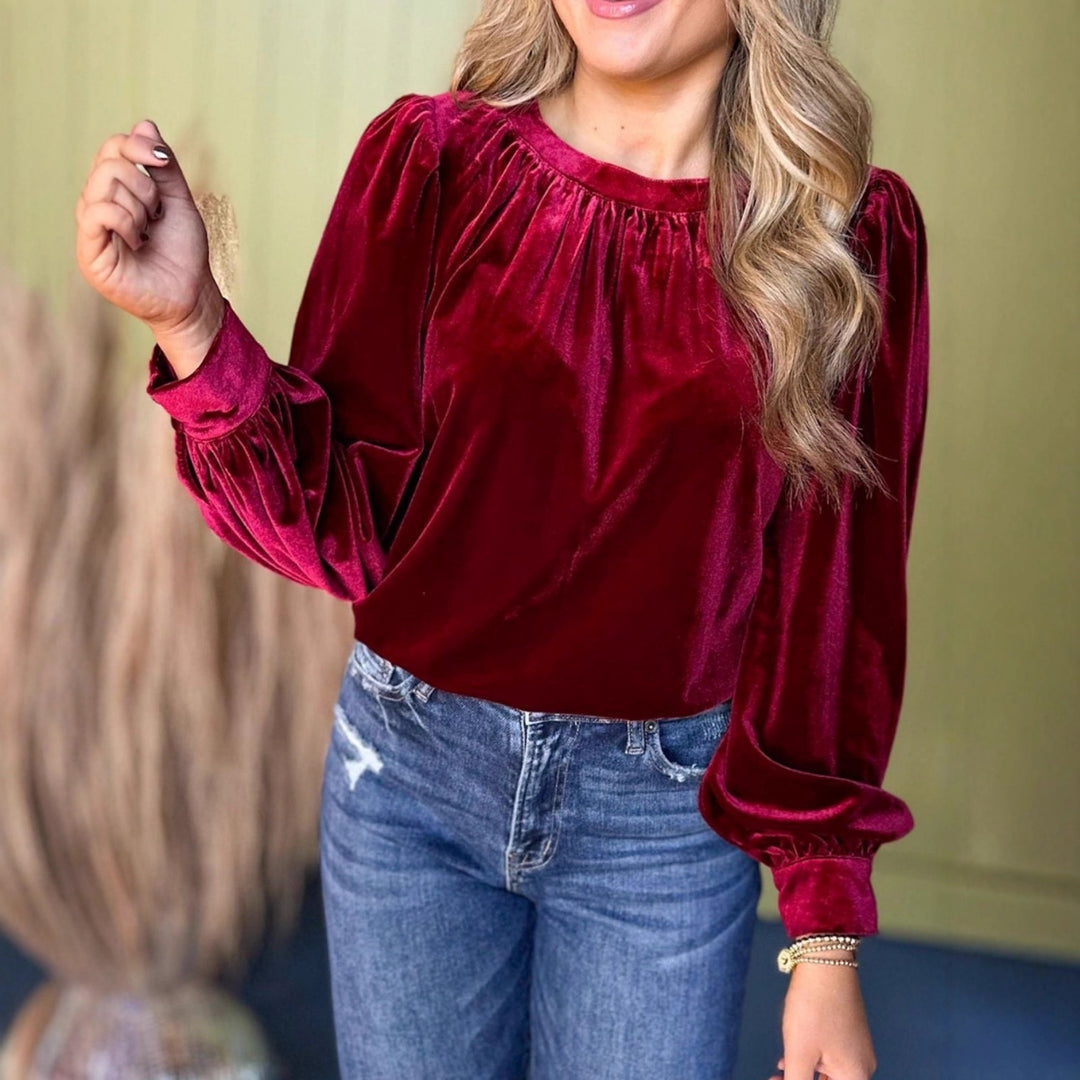 Damen Samtbluse mit Ballonärmeln und gerafftem Stehkragen – Élovi