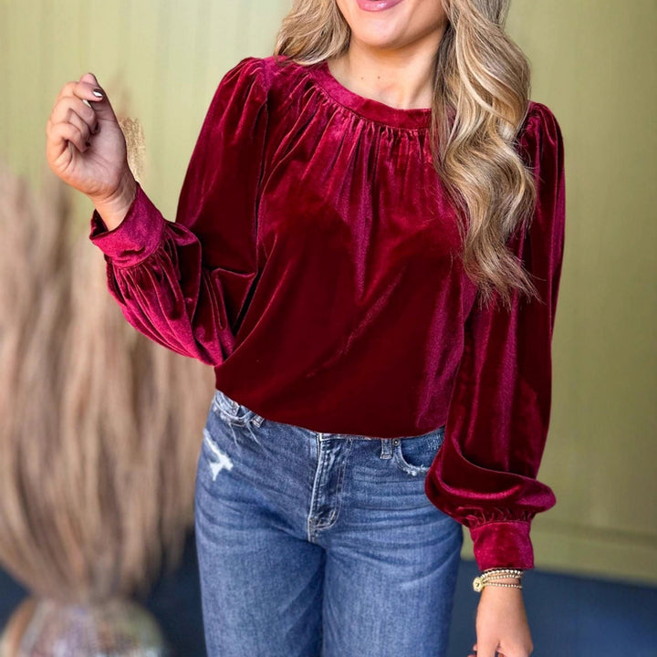 Damen Samtbluse mit Ballonärmeln und gerafftem Stehkragen – Élovi