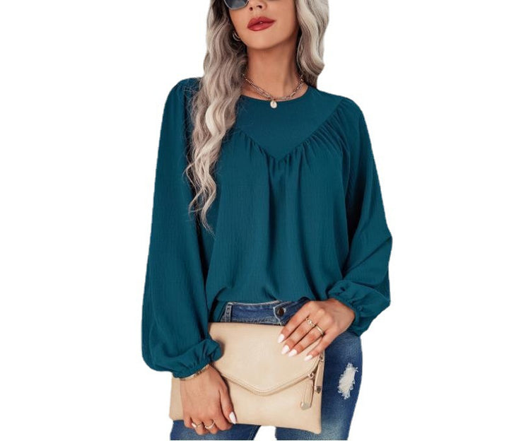 Damen Lässiges Viskose-Blusenshirt mit Rundhals und Ballonärmeln – Avérine