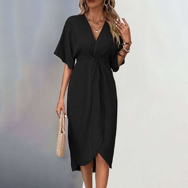 Damen Wickel-Midikleid mit Knotendetail, V-Ausschnitt und überschnittenen Ärmeln Echoarchiv