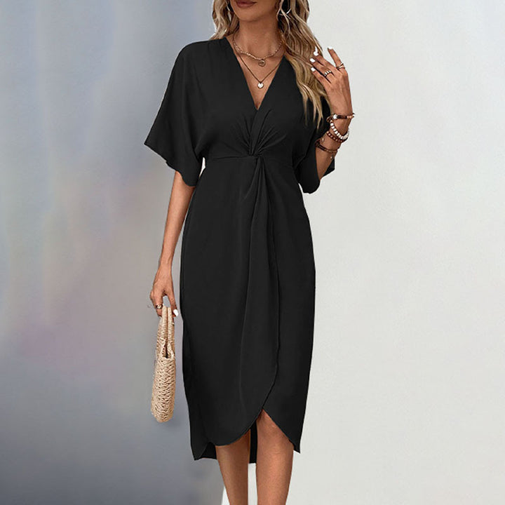 Damen Wickel-Midikleid mit Knotendetail, V-Ausschnitt und überschnittenen Ärmeln Echoarchiv