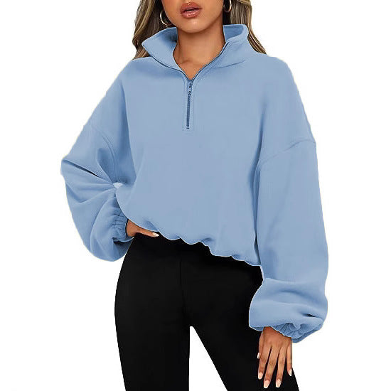 Damen nan kurz geschnittenes Halbzip-Sweatshirt mit hohem Stehkragen, Ballonärmeln und elastischem Saum Echo Archiv