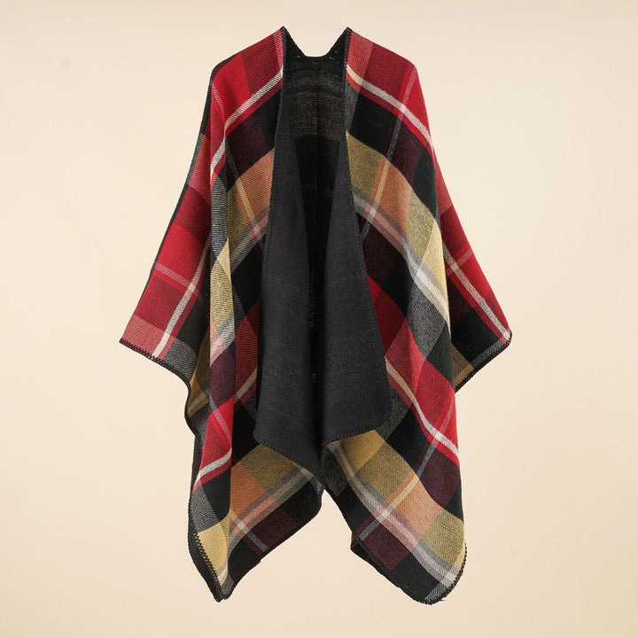 Damen Oversize-Rechteckponcho im Cape-Look mit Kettelsaum und Karomuster Echo Archiv