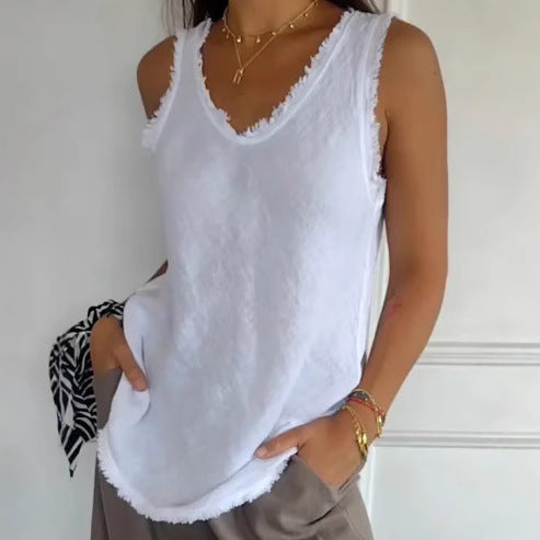 Damen nan lässiges Leinenoptik-Tanktop mit ausgefranstem Saum U-Ausschnitt und lockerer Hüftlänge Echo Archiv