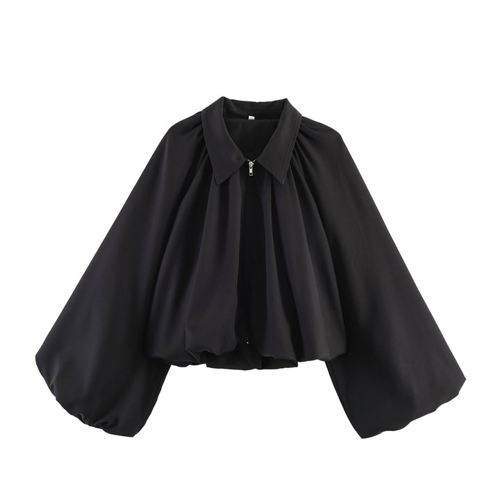 Damen Kurze Cape-Jacke mit voluminösen Ballonärmeln, Stehkragen und Reißverschluss Echo Archiv