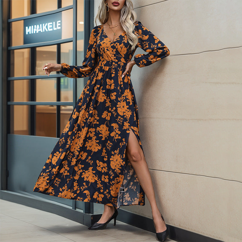 Damen Florales Maxikleid mit Wickel‑Dekolleté, Smock‑Taillenband und hohem Seitenschlitz Echoarchiv