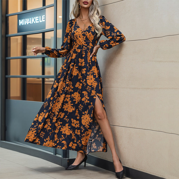 Damen Florales Maxikleid mit Wickel‑Dekolleté, Smock‑Taillenband und hohem Seitenschlitz Echoarchiv