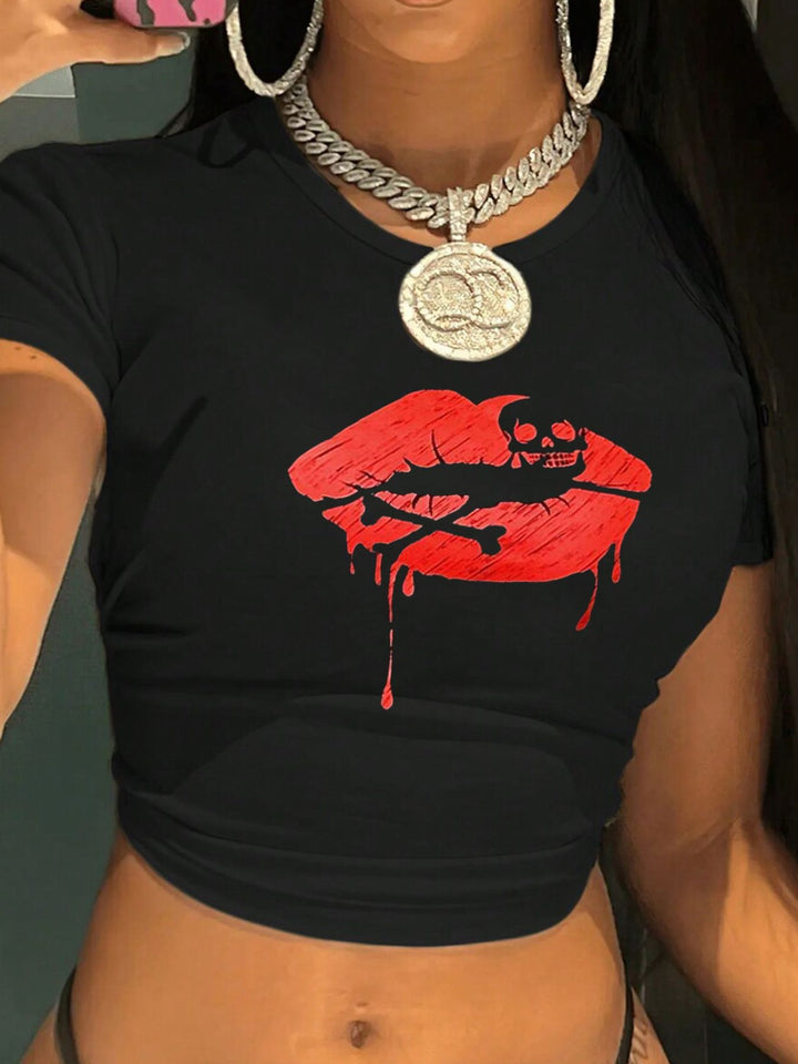 Damen Crop-T-Shirt mit kreativem Lippenmotiv und figurbetontem Schnitt Echo Archiv