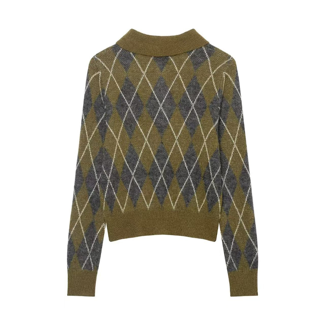 Damen nan Argyle-Polo-Strickpullover mit Cropped-Schnitt, Rippbündchen und Knopfleiste Echo Archiv