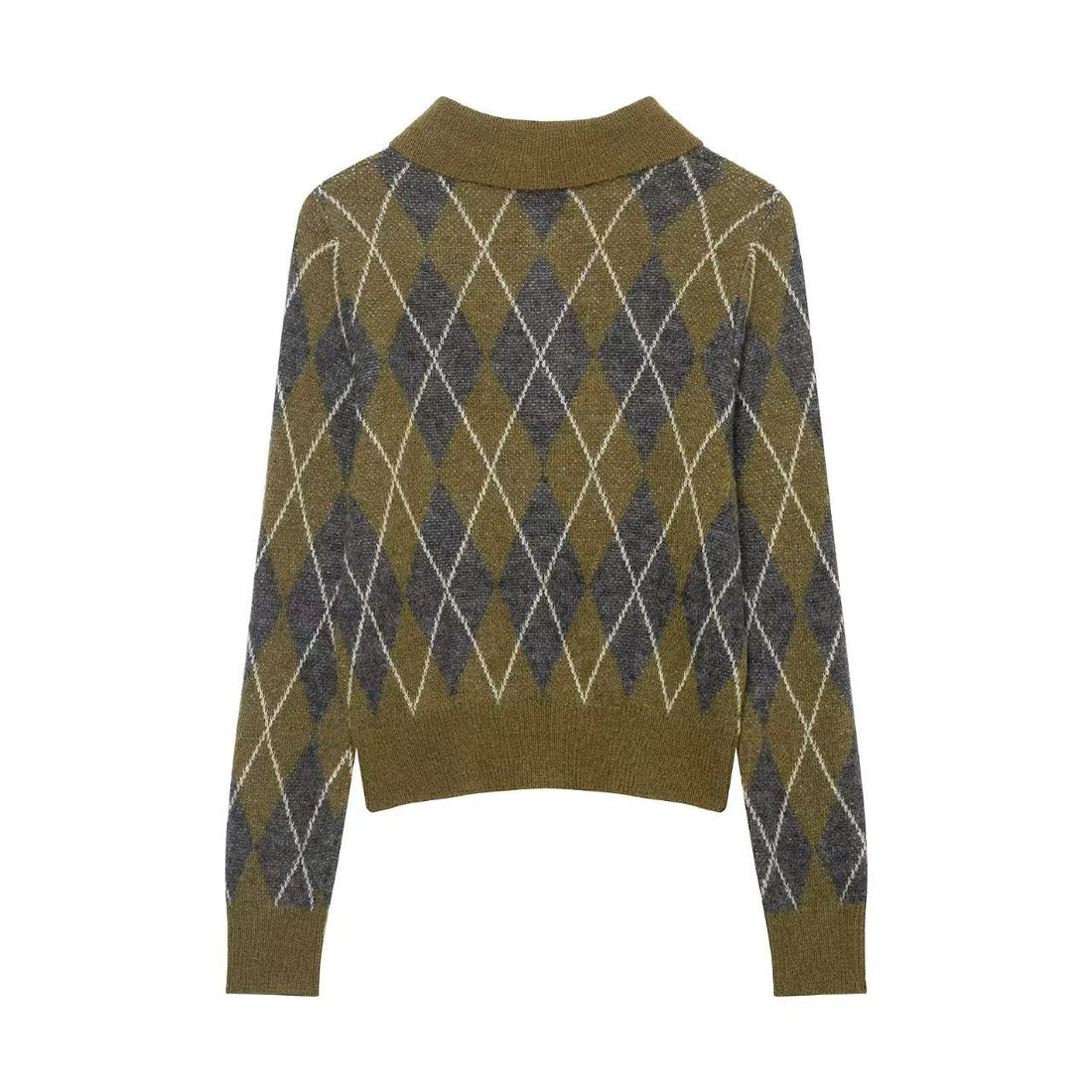 Damen Argyle-Polo-Strickpullover mit Cropped-Schnitt, Rippbündchen und Knopfleiste – Mavelle