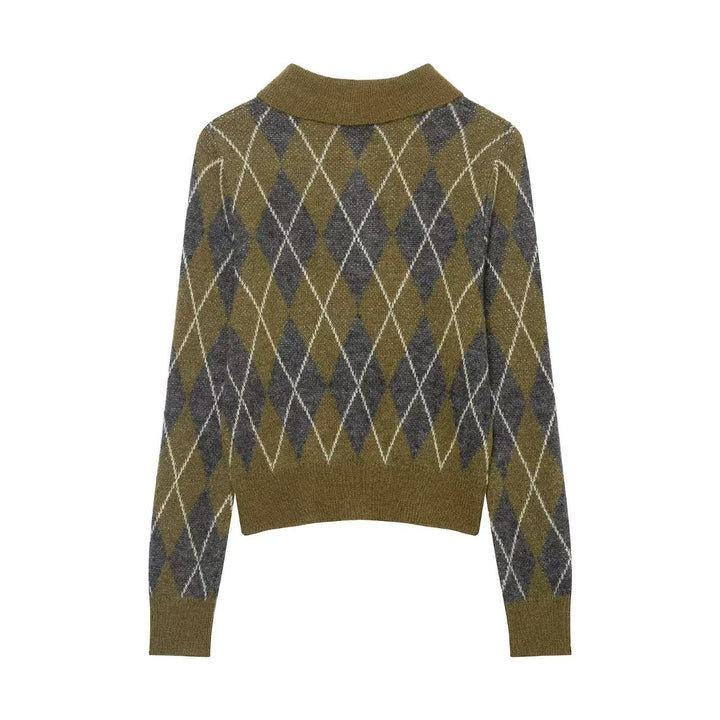 Damen nan Argyle-Polo-Strickpullover mit Cropped-Schnitt, Rippbündchen und Knopfleiste Echo Archiv