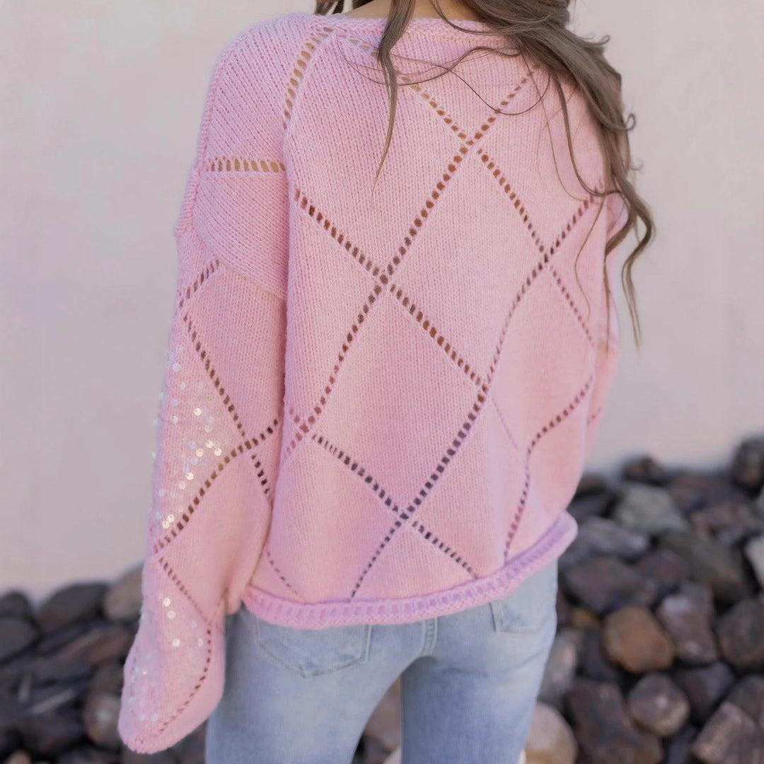Damen Grobgestrickter Oversize-Pullover mit Ajour‑Rautenmuster und Pailletten – Mavelle