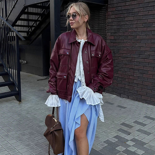 Damen Oversize Kunstlederjacke mit aufgesetzten Druckknopf-Taschen und elastischem Saum Echoarchiv