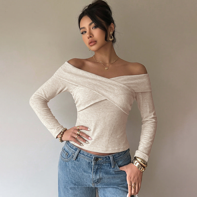 Damen Schulterfreies Wickel-Longsleeve mit Carmenkragen und taillierter Passform – Avérine