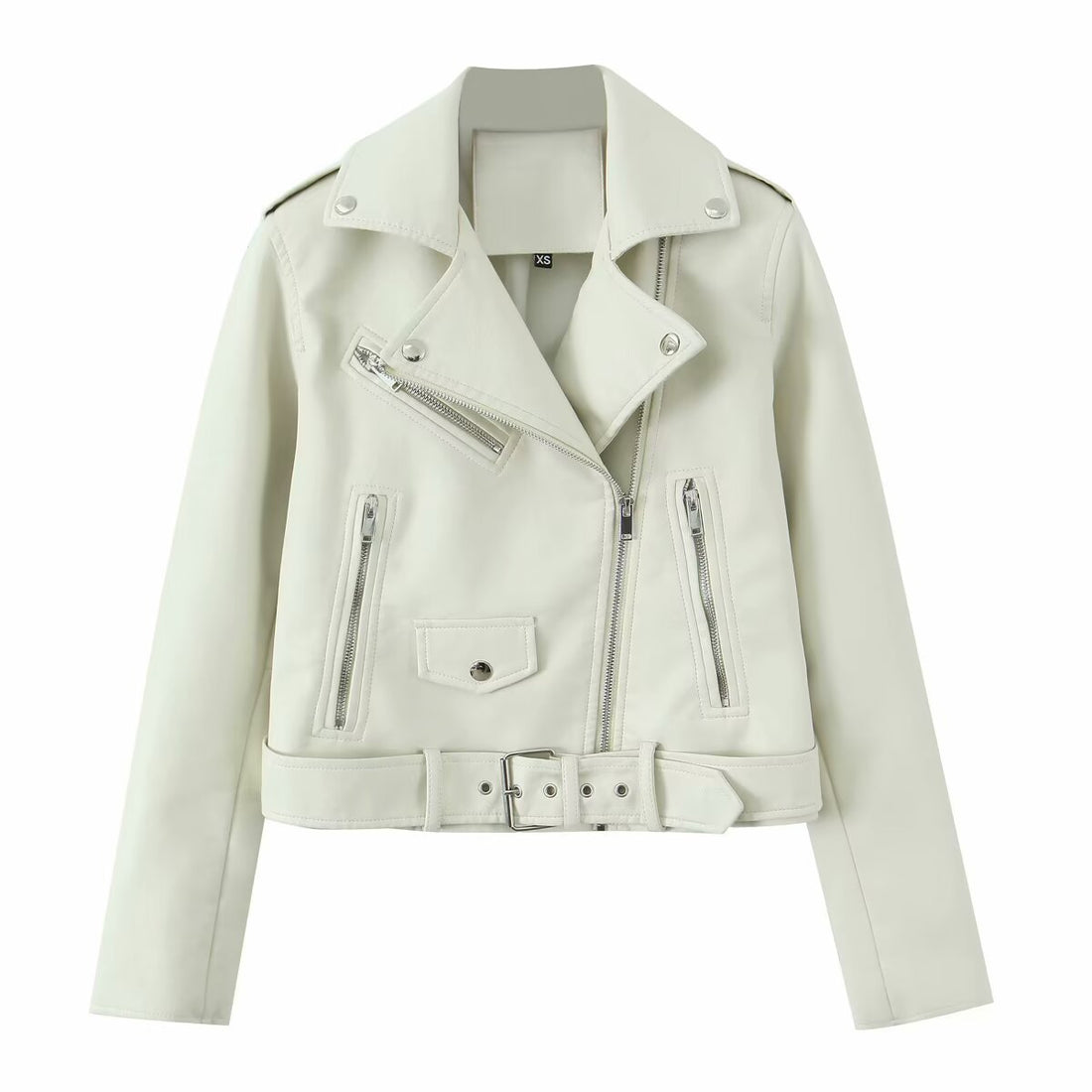 Damen Robuste taillierte Bikerjacke aus Kunstleder mit asymmetrischem Reißverschluss und Taillengürtel Echo Archiv