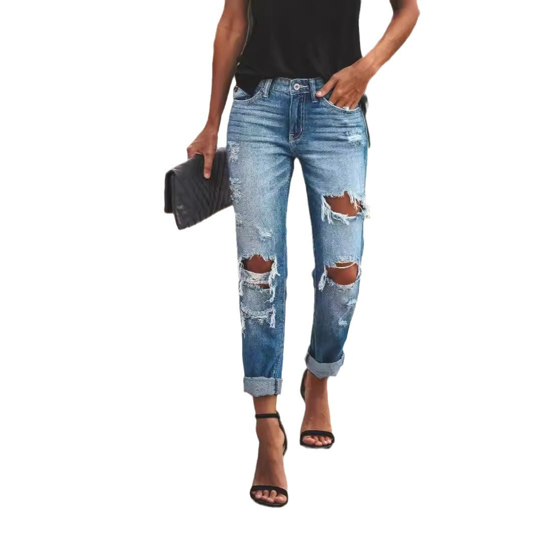Damen Destroyed Boyfriend Jeans im lässigen Stil mit hohen Rissdetails Echo Archiv