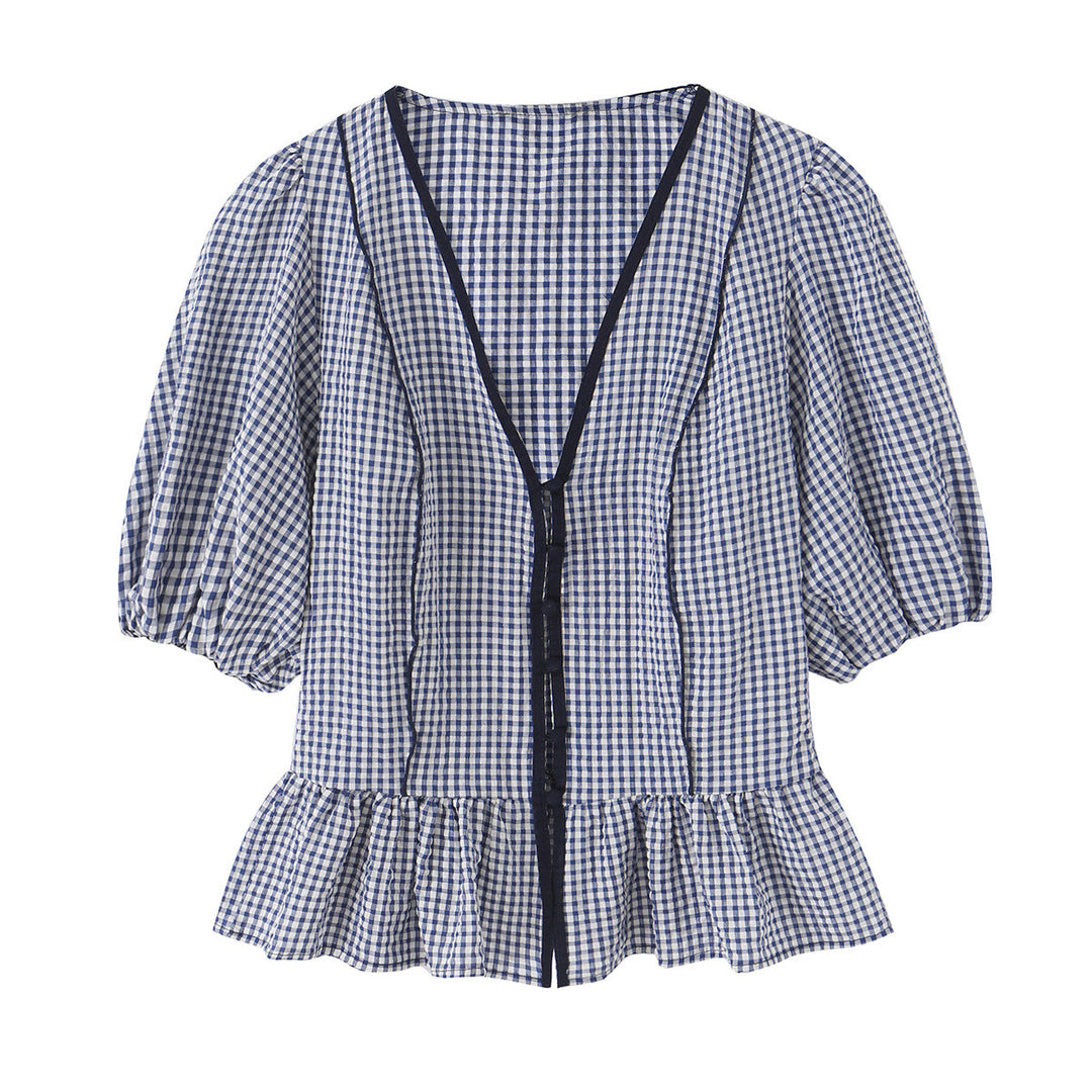 Damen Vichy-Karo Bluse mit tiefem V-Ausschnitt, Puffärmeln und Schößchen Echo Archiv