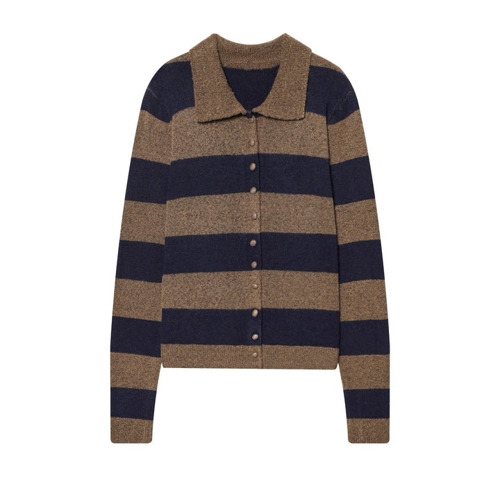 Damen gestreifte Strickjacke mit Hemdkragen, Knopfleiste und kastiger Passform – Veloura