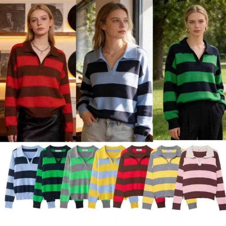 Damen nan gestreifter Rugby-Pullover mit Polokragen, V‑Ausschnitt und verlängerten Rippbündchen Echo Archiv