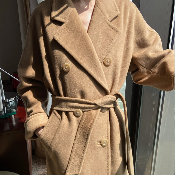 Damen Eleganter Doppeltbreasted Wollmantel Echoarchiv