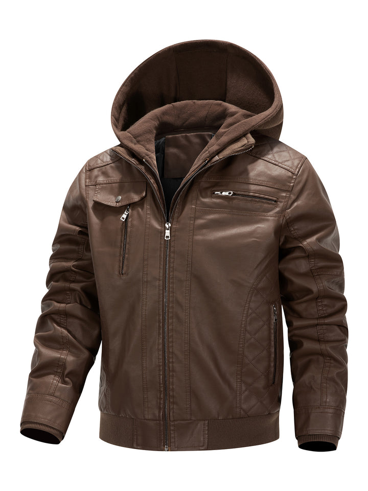 Herren Kunstleder-Bikerjacke mit abnehmbarer Kapuzenblende und gesteppter Seitenpartie Echoarchiv