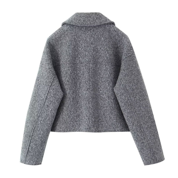 Damen kurzgeschnittene kastige Wollmix Jacke mit Reißverschluss Hemdkragen und aufgesetzten Pattentaschen – Célinea
