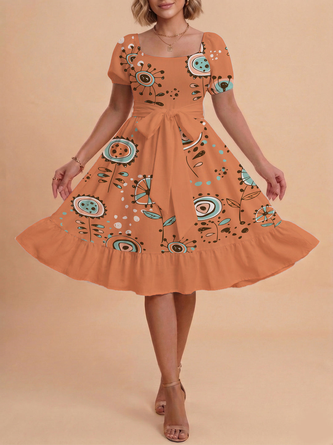 Damen Sommerkleid mit floralem Puffärmel und taillierbarem Gürtel Echo Archiv