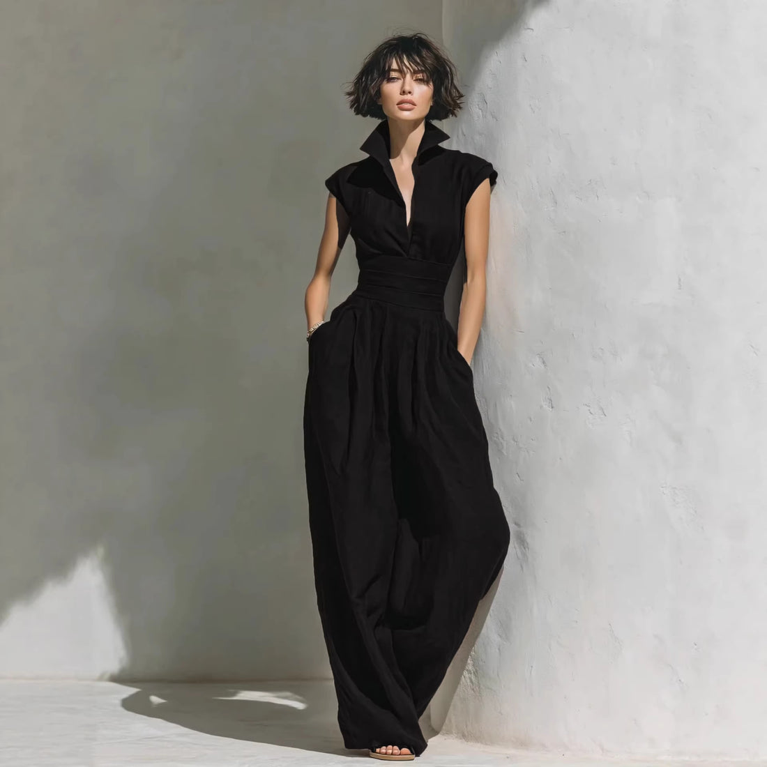 Damen Jumpsuit mit weitem Bein, tailliertem Wickelbund und Stehkragen Echoarchiv