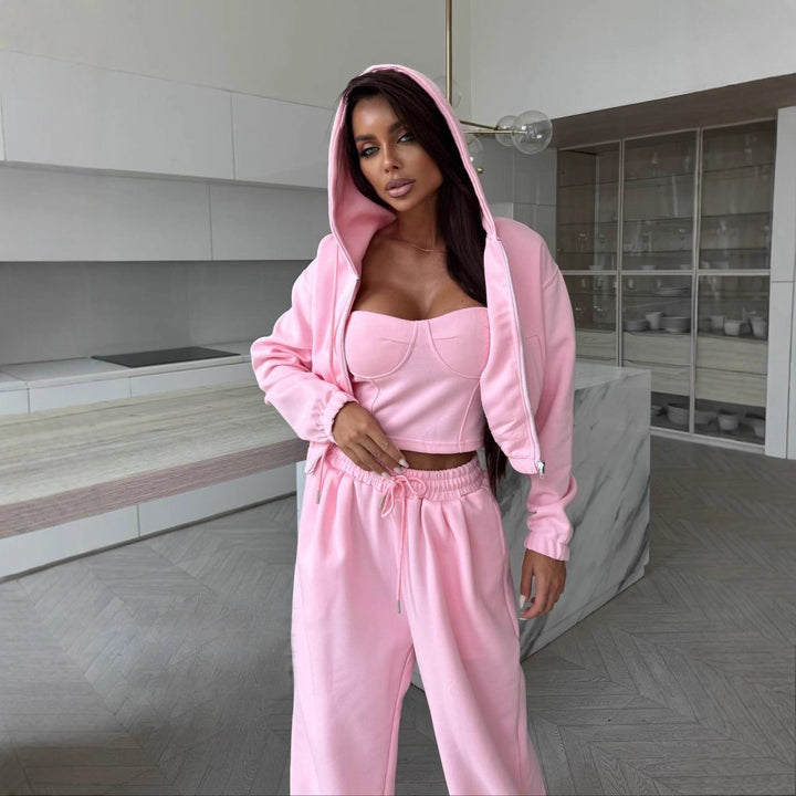 Damen Sculpting-Corsagen-Crop mit Kapuzen-Zipjacke und weiter High-Waist-Jogginghose – Avérine