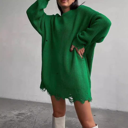 Damen Oversized Strickkleid mit Destroyed-Saum und Ballonärmeln Echoarchiv