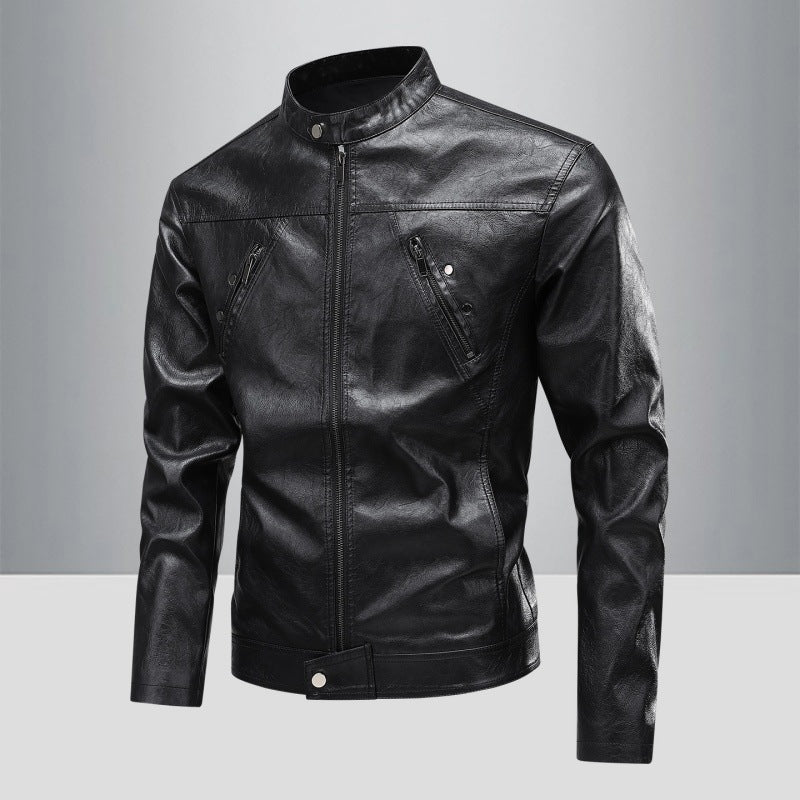 Herren Kunstlederjacke im modernen Biker-Stil mit stilvollen Reißverschlusstaschen Echoarchiv