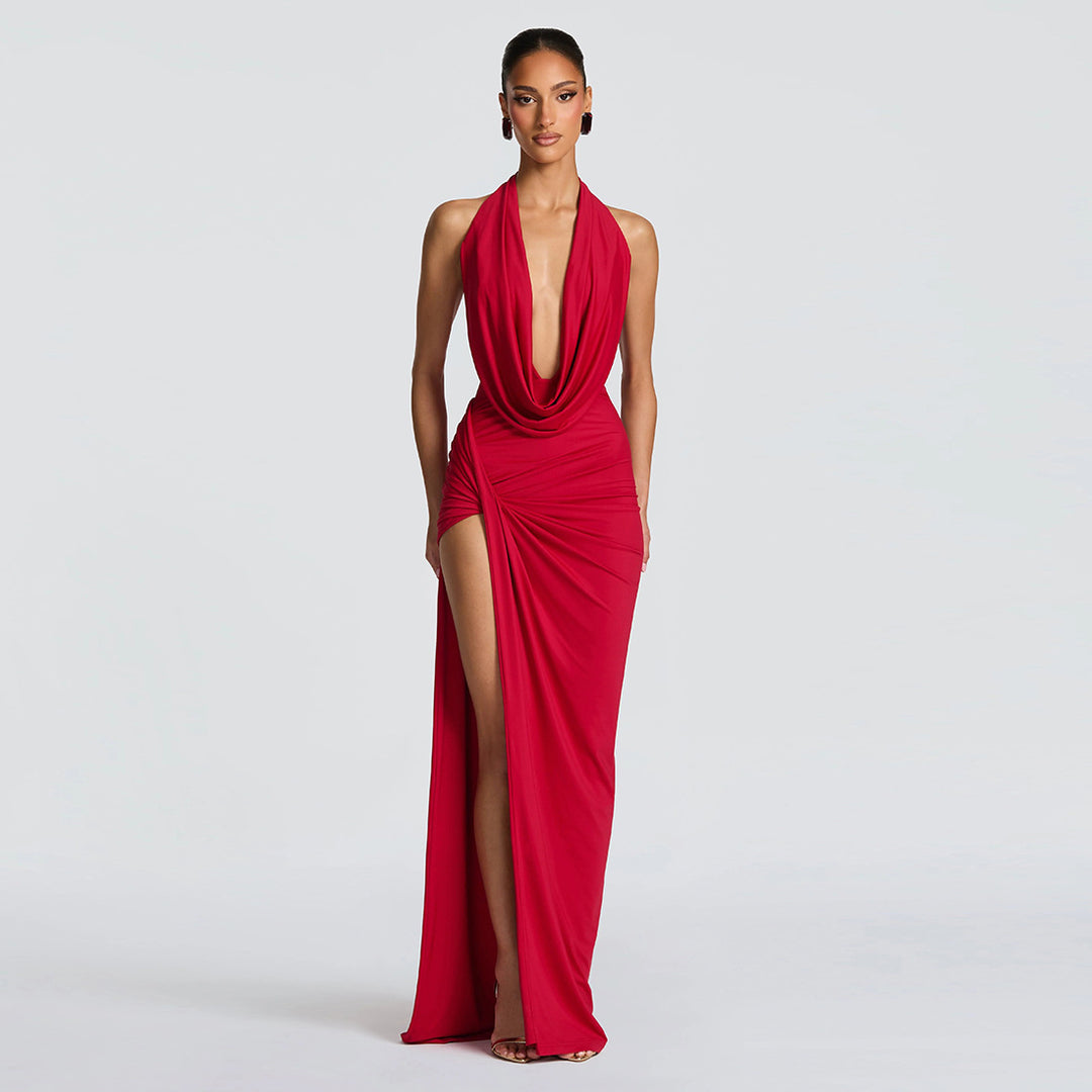Damen Elegantes Maxikleid mit tiefem Halsochnitt und seitlichem slit Echo Archiv