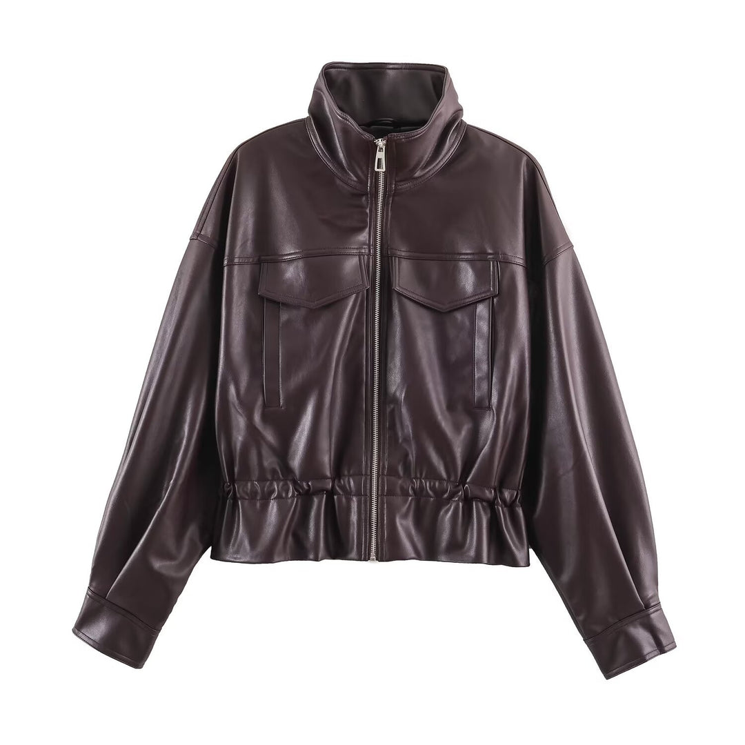 Damen Kurzer Oversize Kunstleder-Bomber mit Stehkragen, Pattentaschen und Kordelzug Echo Archiv