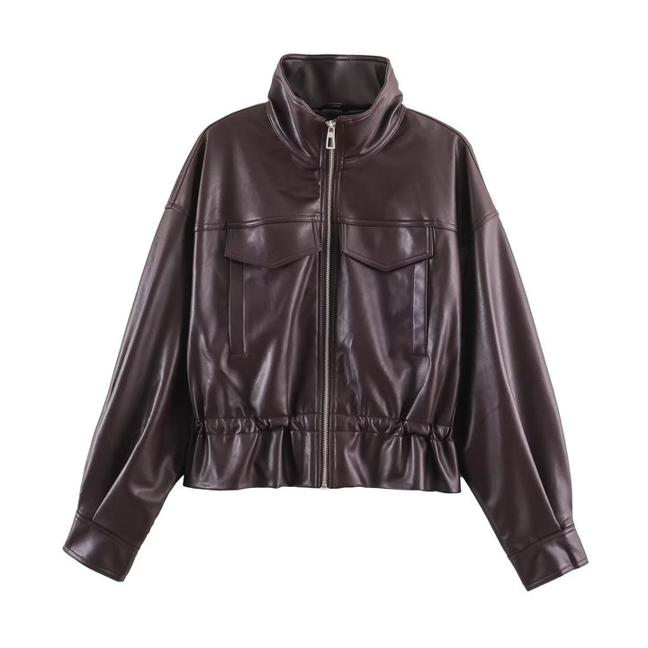 Damen Kurzer Oversize Kunstleder-Bomber mit Stehkragen, Pattentaschen und Kordelzug Echo Archiv