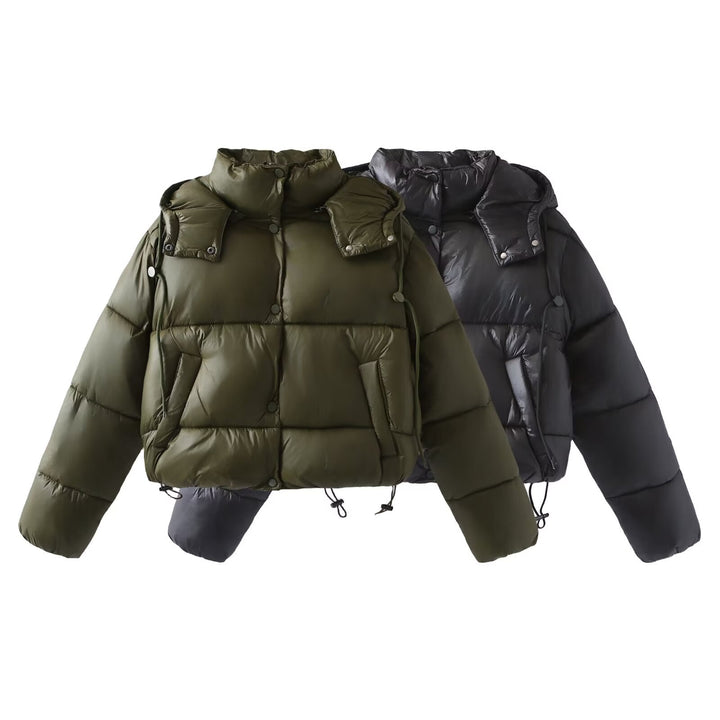 Damen Glänzende Cropped Pufferjacke mit Kordelzug und Druckknopfblende Echo Archiv