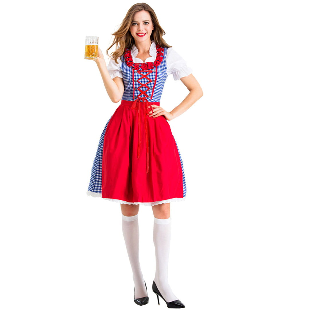 Damen nan Karo-Dirndl mit geschnürter Miederfront, Rüschenkragen und taillierter Schürze Echo Archiv