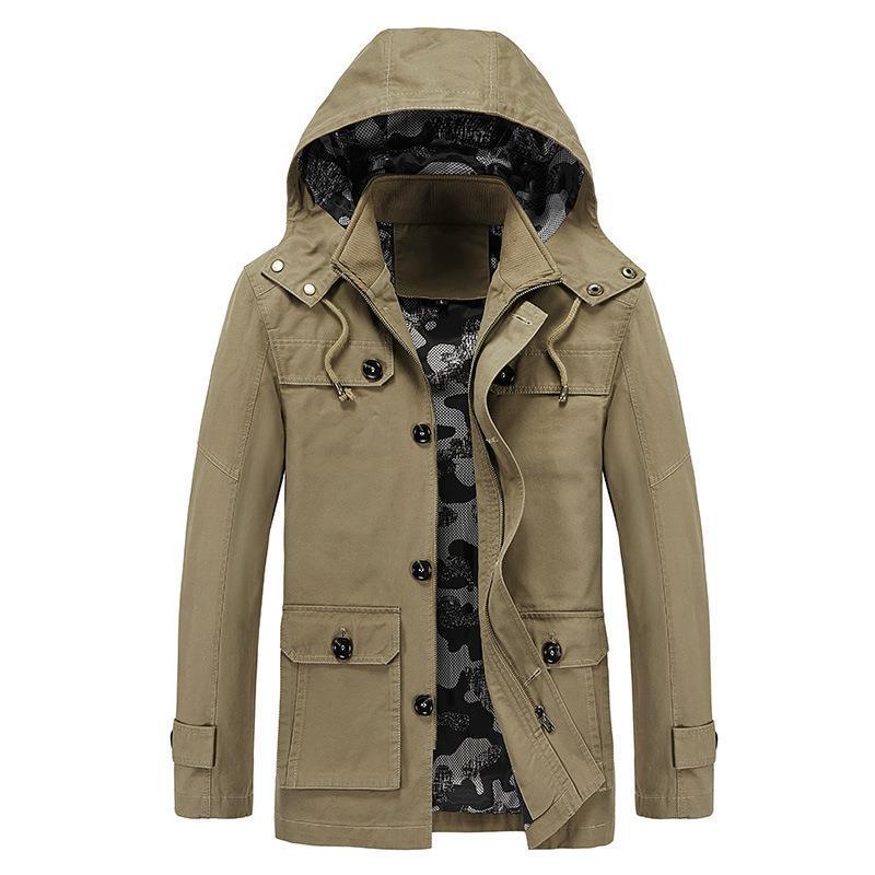 Herren mittellange Canvas-Fieldjacke mit Kapuze, Cargo‑Taschen und Camouflage‑Innenfutter Echo Archiv
