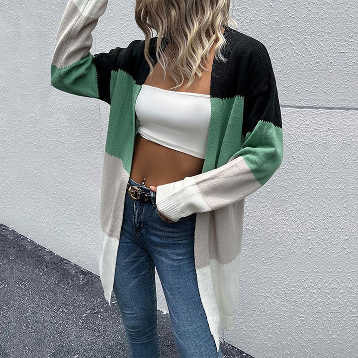 Damen Longline Strickcardigan mit Farbblockmuster, offener Front und lässiger Oversize‑Passform Echoarchiv