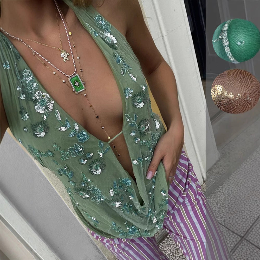 Damen Glamouröses Sequined Minikleid mit tiefem V-Ausschnitt und schwingendem Saum Echo Archiv
