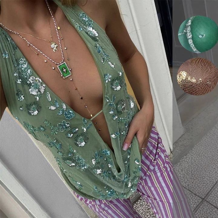 Damen Glamouröses Sequined Minikleid mit tiefem V-Ausschnitt und schwingendem Saum Echo Archiv