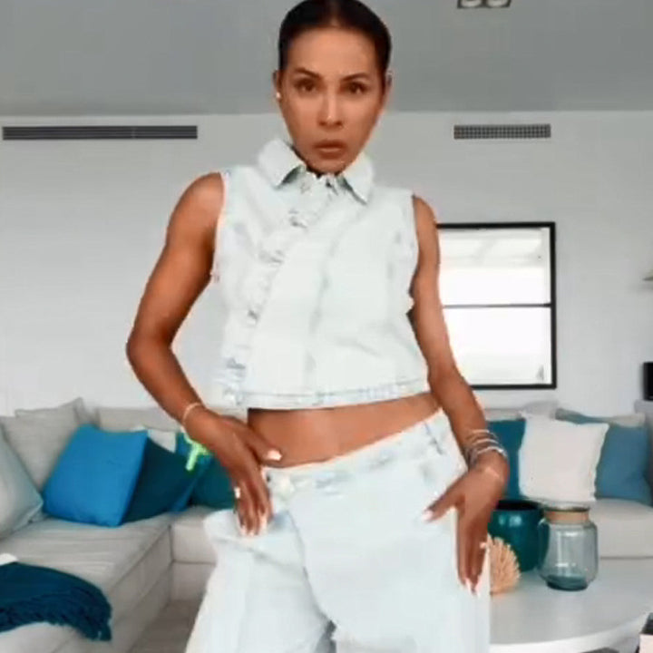 Damen Gekürztes ärmelloses Denim-Set mit taillierter Weste & weiter High-Waist-Hose Echoarchiv