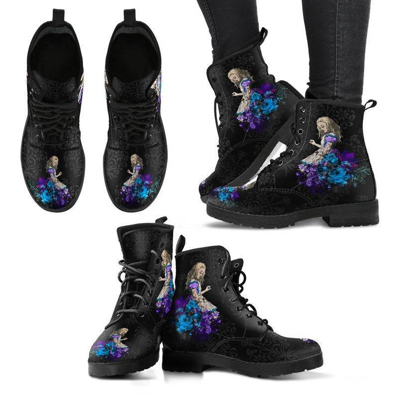 Damen nan modische knöchelhohe Schnür-Bikerboots mit auffälligem Totenkopf-Rosen-Print und robuster Profilsohle Echo Archiv