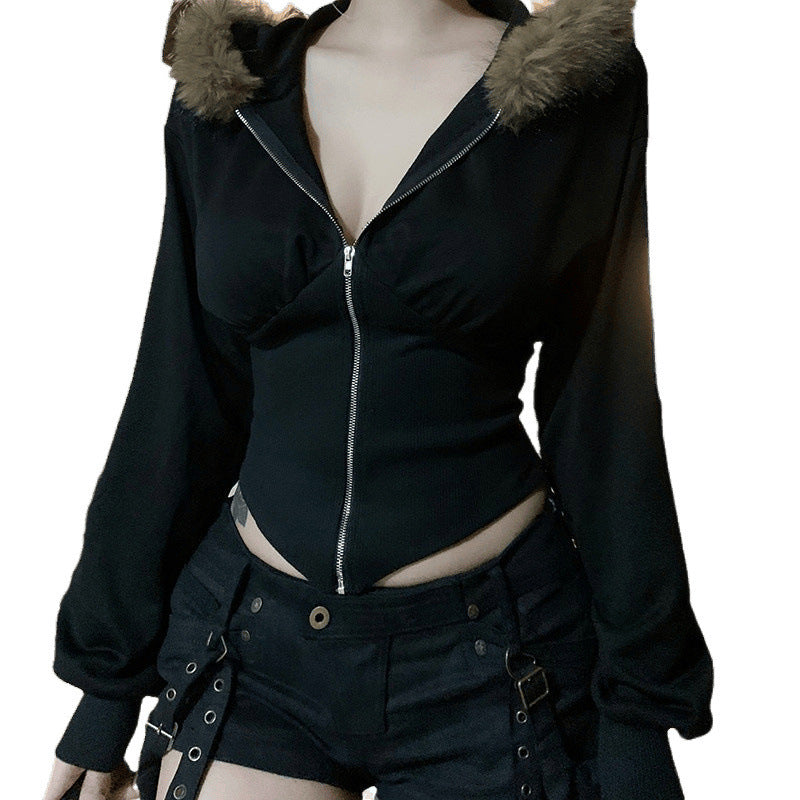 Damen Kurzgeschnittene Kapuzenjacke mit figurformender Rippen‑Corsage und durchgehendem Reißverschluss Echo Archiv